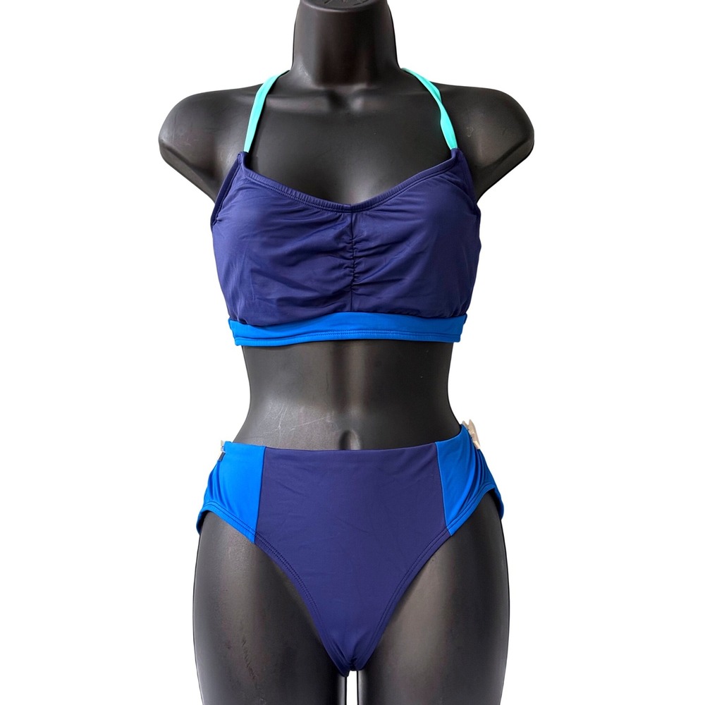 Title Nine Blue Colorblock Bikini Set 34D Underwire Top Sz M Bottoms